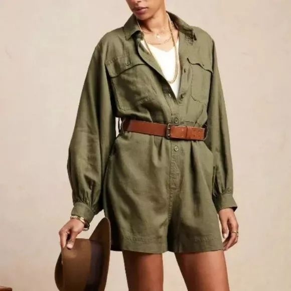 Linen Blend Long Sleeve Romper - Picture 1 of 4